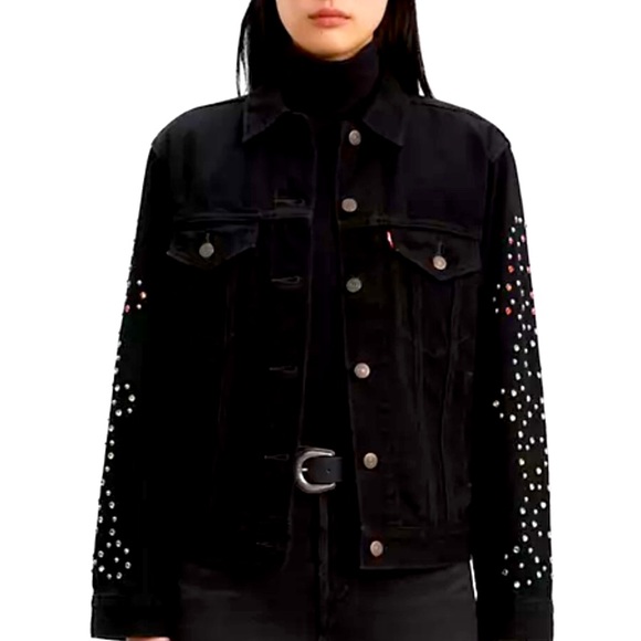 SALE Levi’s Trucker Ex Boyfriend Crystal Studded Black Wash Jean Jacket - Picture 3 of 13